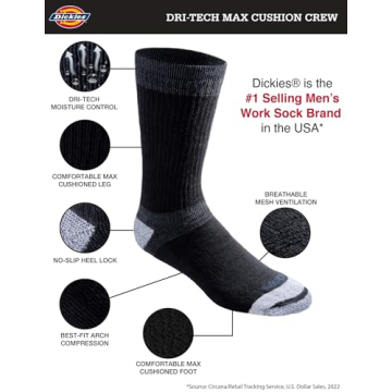 Dickies Dri-tech Crew Socks - 6 Pairs, Size 6-12