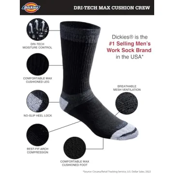 Dickies Dri-tech Crew Socks - 6 Pairs, Size 6-12