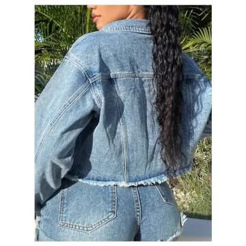 MakeMeChic Women's Casual Long Sleeve Raw Hem Jean Jacket Button Down Crop Denim Jacket