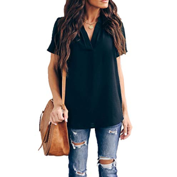 Allimy Women Summer Casual V Neck Chiffon Blouses Short Sleeve Loose Tunic Tops Small Black