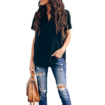 Allimy Women Summer Casual V Neck Chiffon Blouses Short Sleeve Loose Tunic Tops Small Black