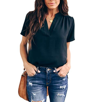 Allimy Women Summer Casual V Neck Chiffon Blouses Short Sleeve Loose Tunic Tops Small Black