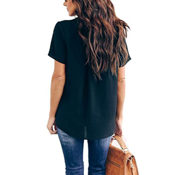 Allimy Women Summer Casual V Neck Chiffon Blouses Short Sleeve Loose Tunic Tops Small Black