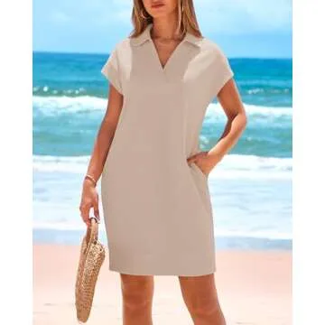 Okiwam Women's Summer Dresses 2025 Casual Loose Mini Dress Short Sleeve V-Neck T-Shirt Dress with Pockets-S Light Khaki