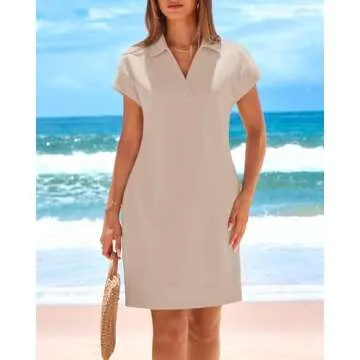 Okiwam Women's Summer Dresses 2025 Casual Loose Mini Dress Short Sleeve V-Neck T-Shirt Dress with Pockets-S Light Khaki