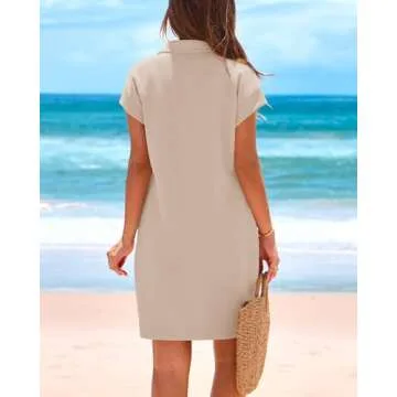 Okiwam Women's Summer Dresses 2025 Casual Loose Mini Dress Short Sleeve V-Neck T-Shirt Dress with Pockets-S Light Khaki