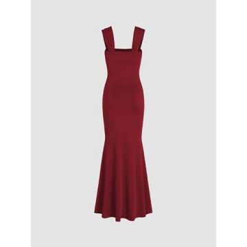 CIDER Solid Ruched U-Neckline Ruffle Maxi Dress: Red, L