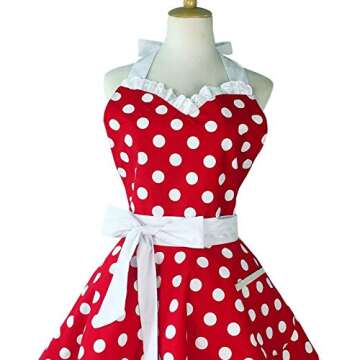 Hyzrz Lovely Sweetheart Retro Kitchen Aprons Woman Girl Cotton Polka Dot Cooking Salon Dress Pinafore Vintage Apron Mothers Gift (Red)