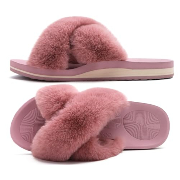 COFACE Women's Fuzzy Slides - Luxurious Fluff Slippers with Arch Support