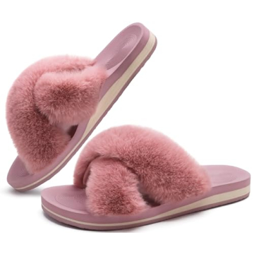 COFACE Women's Fuzzy Slides Fluff Slippers with Arch Support