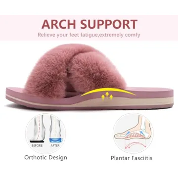 COFACE Women's Fuzzy Slides Fluff Slippers with Arch Support