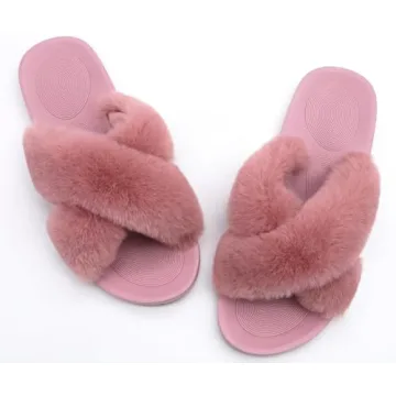 COFACE Women's Fuzzy Slides Fluff Slippers with Arch Support