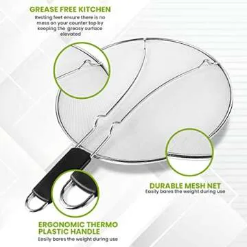 13" Grease Splatter Screen for Cooking | Stainless Steel Oil Splatter Guard and Ultra-Fine Mesh Protects Skin from Burns | TPR Tight-Grip Handle (Black)