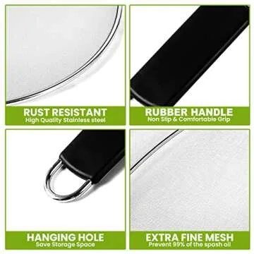 13" Grease Splatter Screen for Cooking | Stainless Steel Oil Splatter Guard and Ultra-Fine Mesh Protects Skin from Burns | TPR Tight-Grip Handle (Black)