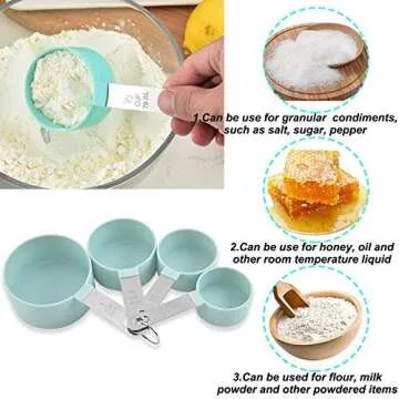 Plastic Measuring Cups and Spoons Set - 8 Pieces Stackable Measuring Cup Set with Stainless Steel Handles for Cooking & Baking, Green