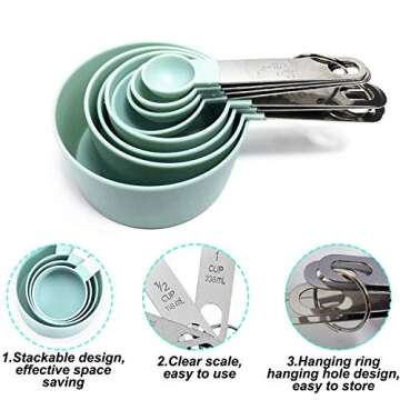 Plastic Measuring Cups and Spoons Set - 8 Pieces Stackable Measuring Cup Set with Stainless Steel Handles for Cooking & Baking, Green