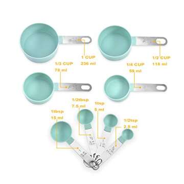 Plastic Measuring Cups and Spoons Set - 8 Pieces Stackable Measuring Cup Set with Stainless Steel Handles for Cooking & Baking, Green