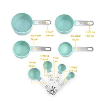 Plastic Measuring Cups and Spoons Set - 8 Pieces Stackable Measuring Cup Set with Stainless Steel Handles for Cooking & Baking, Green