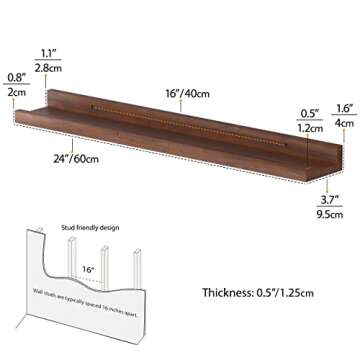 Wallniture Denver 24" Floating Shelves for Wall Collage, Picture Ledge Shelf, Living Room Bookshelf, Wall Shelf for Kitchen, Kids Room Shelves, Walnut Color Set of 2