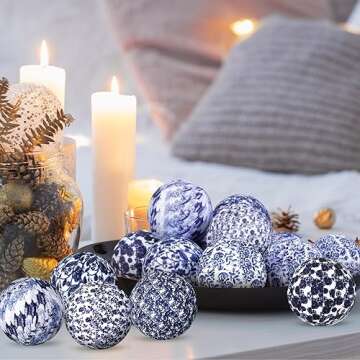 Libima 12 Pcs Porcelain Blue and White Decorative Balls 2.76" Chinoiserie Balls for Centerpiece Bowls Filler Fabric Wrapped Bowl Filler Trays for Christmas Vases Tables Basket Home (Classic)