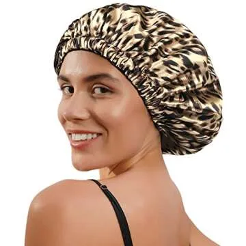YANIBEST Satin Bonnet Sleep Bonnet Cap - Extra Large, Double Layer, Reversible, Adjustable Satin Cap for Sleeping Hair Bonnet(Large,Leopard)