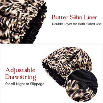 YANIBEST Satin Bonnet Sleep Bonnet Cap - Extra Large, Double Layer, Reversible, Adjustable Satin Cap for Sleeping Hair Bonnet(Large,Leopard)
