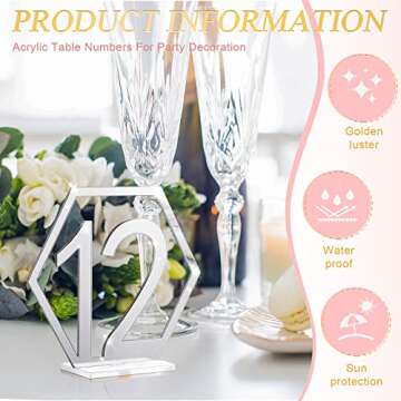 Jetec Wedding Acrylic Hexagon Table Numbers Hollow out Reception Stands Seat Table Numbers with Holder Base for Wedding Party Event Catering Decoration(Silver)