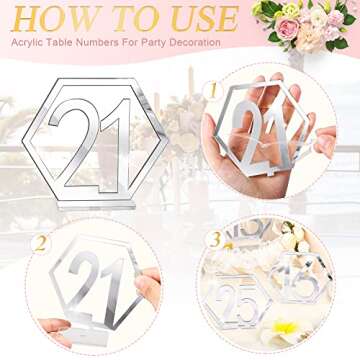 Jetec Wedding Acrylic Hexagon Table Numbers Hollow out Reception Stands Seat Table Numbers with Holder Base for Wedding Party Event Catering Decoration(Silver)