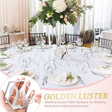 Jetec Wedding Acrylic Hexagon Table Numbers Hollow out Reception Stands Seat Table Numbers with Holder Base for Wedding Party Event Catering Decoration(Silver)