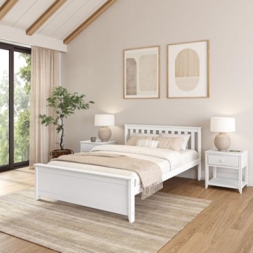 Plank+Beam Solid Wood Queen Bed Frame - Platform Bed with Headboard in White
