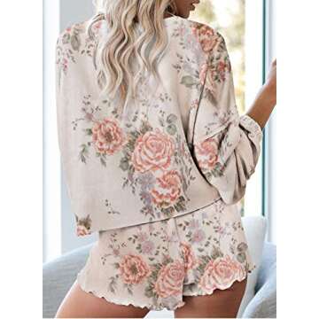 Actloe Women Floral Printed 1/4 Button Long Sleeve Pajama Sets Ruffle Sleepwear Front Drawstring Nightwear Loungewear Floral-2 Small