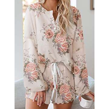 Actloe Women Floral Printed 1/4 Button Long Sleeve Pajama Sets Ruffle Sleepwear Front Drawstring Nightwear Loungewear Floral-2 Small