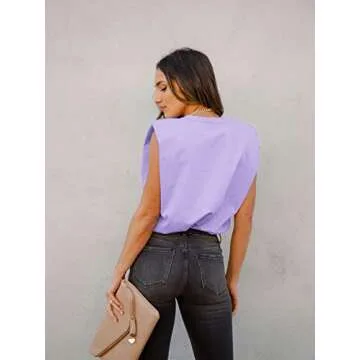 BZB Women Sleeveless T Shirt Padded Shoulder Crewneck Solid Color Loose Tank Tops Purple