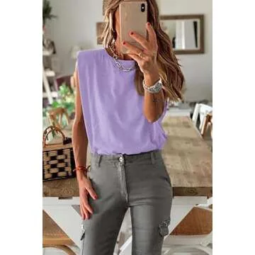 BZB Women Sleeveless T Shirt Padded Shoulder Crewneck Solid Color Loose Tank Tops Purple