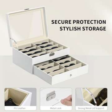 AUTOARK Leather 16 Piece Eyeglasses Storage and Sunglass Glasses Display Drawer Lockable Case Organizer,White,AW-151