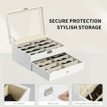 AUTOARK Leather 16 Piece Eyeglasses Storage and Sunglass Glasses Display Drawer Lockable Case Organizer,White,AW-151