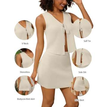 AIHUKOCY Women Sexy Knit Two Pieces Mini Skirts Set Sleeeveless V Neck Self Tie Slit Front Crop Vest Top Short Skirts Sets Apricot