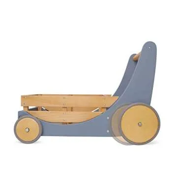 Kinderfeets 2-in-1 Wooden Cargo Walker Cart Wagon with Adjustable Rubber Wheels and Removable Basket for Children and Toddlers (Blue)
