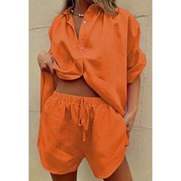 Fixmatti Women Button Sown Blouse Set 2 Pieces Outfits Short Sleeve Shirt And Hot Pant Tracksuit Orange S