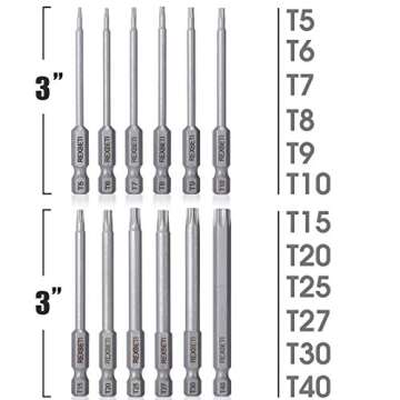 REXBETI 12 Piece Torx Head Screwdriver Bit Set, 1/4 Inch Hex Shank S2 Steel Magnetic 3 Inch Long Drill Bits, T5-T40 (Torx Head)
