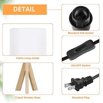 Stylish Small Beside Table Lamp with Wood Tripod Base