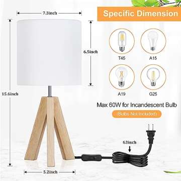 Stylish Small Beside Table Lamp with Wood Tripod Base