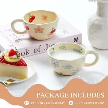 Vesici 2 Pcs Ceramic Coffee Mugs Flower Mugs with Spoon Vintage Floral Mugs with Handle 8.5 oz Cute Aesthetic Tea Porcelain Cup Gift for Valentine Office Home, Dishwasher and Microwave Safe(Lovely)