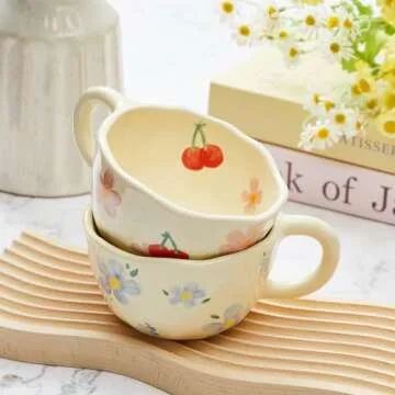 Vesici 2 Pcs Ceramic Coffee Mugs Flower Mugs with Spoon Vintage Floral Mugs with Handle 8.5 oz Cute Aesthetic Tea Porcelain Cup Gift for Valentine Office Home, Dishwasher and Microwave Safe(Lovely)