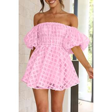 PRETTYGARDEN Women's Off The Shoulder Babydoll Dress Short Puff Sleeve Casual A Line Ruffle Summer D...