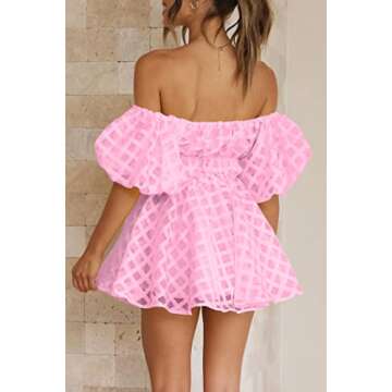 PRETTYGARDEN Women's Off The Shoulder Babydoll Dress Short Puff Sleeve Casual A Line Ruffle Summer Dresses (Plaid Pink,Medium)