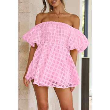 PRETTYGARDEN Women's Off The Shoulder Babydoll Dress Short Puff Sleeve Casual A Line Ruffle Summer Dresses (Plaid Pink,Medium)
