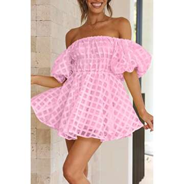 PRETTYGARDEN Women's Off The Shoulder Babydoll Dress Short Puff Sleeve Casual A Line Ruffle Summer Dresses (Plaid Pink,Medium)