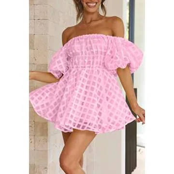 PRETTYGARDEN Women's Off The Shoulder Babydoll Dress Short Puff Sleeve Casual A Line Ruffle Summer Dresses (Plaid Pink,Medium)