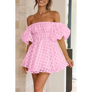 PRETTYGARDEN Women's Off The Shoulder Babydoll Dress Short Puff Sleeve Casual A Line Ruffle Summer Dresses (Plaid Pink,Medium)
